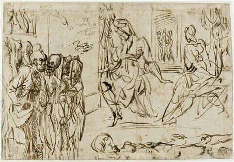 Groupes de figures dans une architecture ; homme nu debout, de profil
