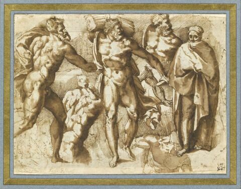 Feuille d'études avec des hommes nus et d'autres drapés