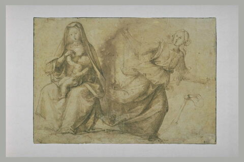 Vierge à l'Enfant assise. Femme courant. Squelette d'un bras