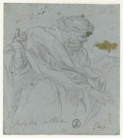 Homme drapé, tourné vers la droite ; tête d'homme