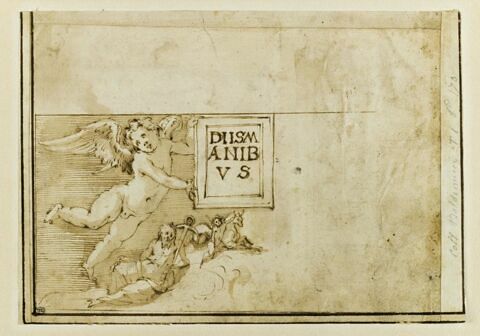 Génie ailé portant un cartel et, en dessous, Neptune allongé et putto sur un animal marin