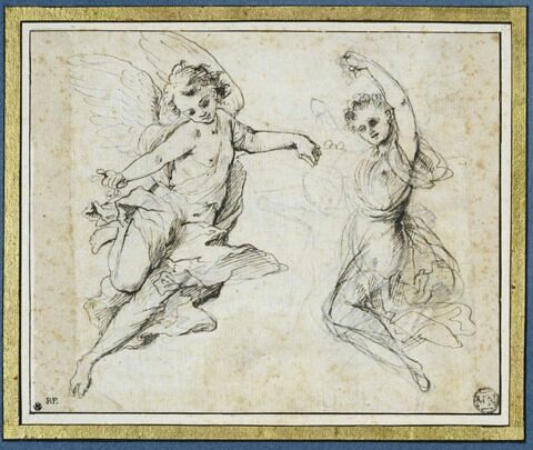 Deux anges volant répandant des fleurs ; croquis d'un angelot
