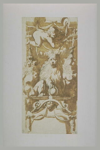 Etude de décoration, avec un lion couronné, parmi des guirlandes...
