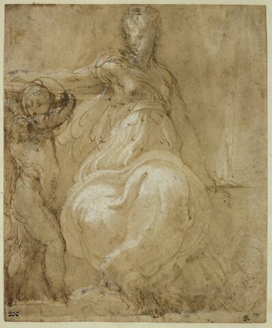 Femme demi nue assise, avec un putto