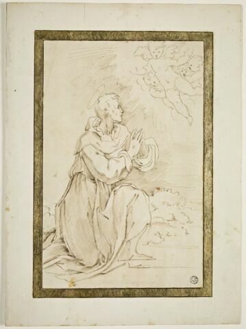 Saint François, un genou à terre, les yeux levés vers des anges