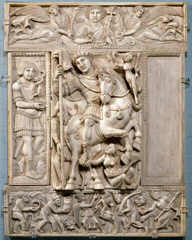 Feuillet de diptyque en cinq parties : l'Empereur triomphant (Justinien ?)