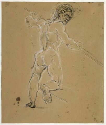 Figure du nautonier, nu, de dos, pesant sur sa rame