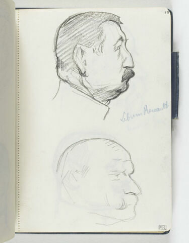 En haut, tête d'homme moustachu, de profil à droite. En bas, croquis inachevé d'une tête d'homme moustachu, de trois quarts à droite